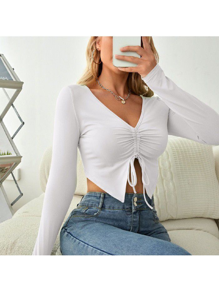 V-neck long sleeved drawstring slim fitting exposed navel top breathable pleated solid color simple sweet T-shirt Women's casual spring and autumn top 