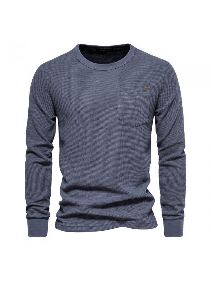 Spring and Autumn Men's Round Neck Pocket Waffle Long Sleeve Top Men's T-shirt 