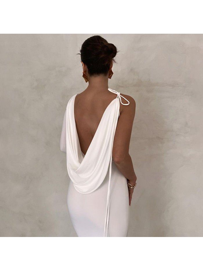 Excellent temperament, one shoulder, slim fit, fishtail skirt, open back, sexy dress, irregular long skirt 