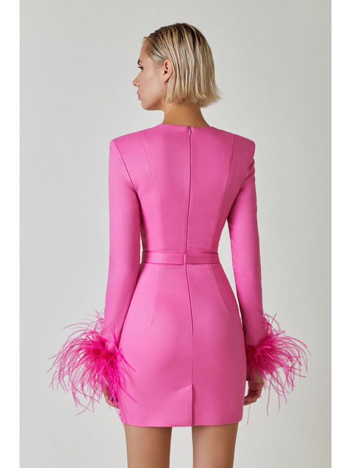 Autumn and Winter New Long Sleeve Feather Cuff Bandage Dress European and American Fashion Elegant Dress Party Dress Dress 