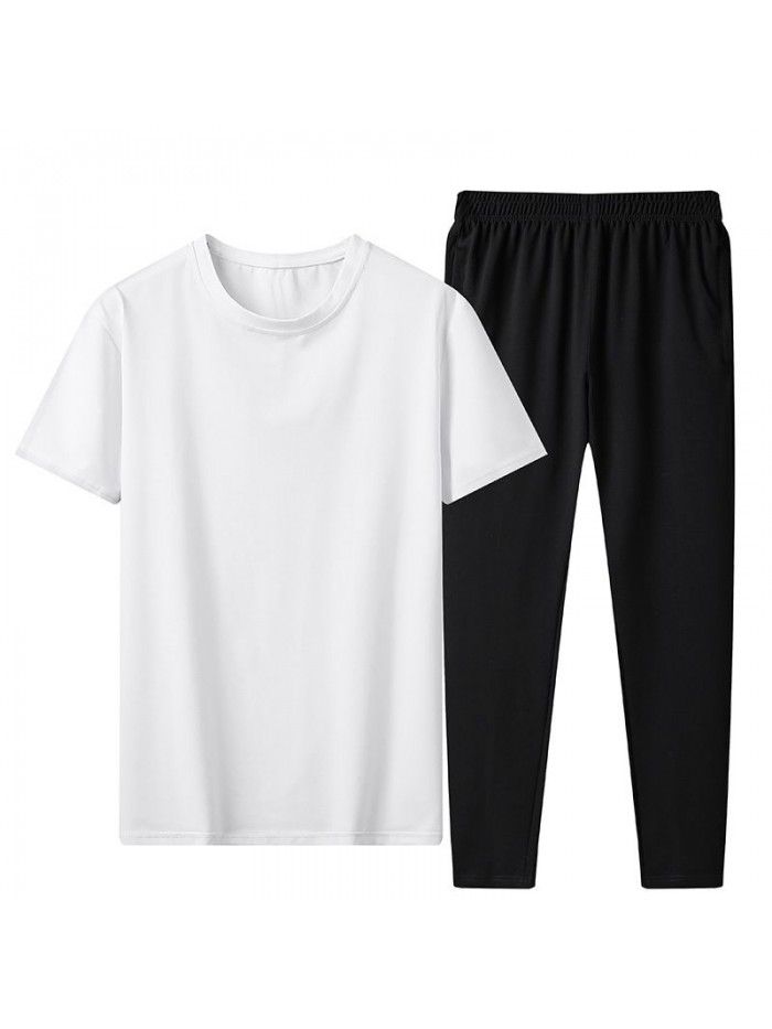 Summer ice porcelain cotton plain casual suit men's short-sleeved t-shirt loose large leggings 