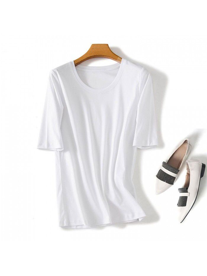 New autumn mercerized cotton medium sleeve round neck t-shirt for women's pure cotton white quarter sleeve thin bottom T-shirt 