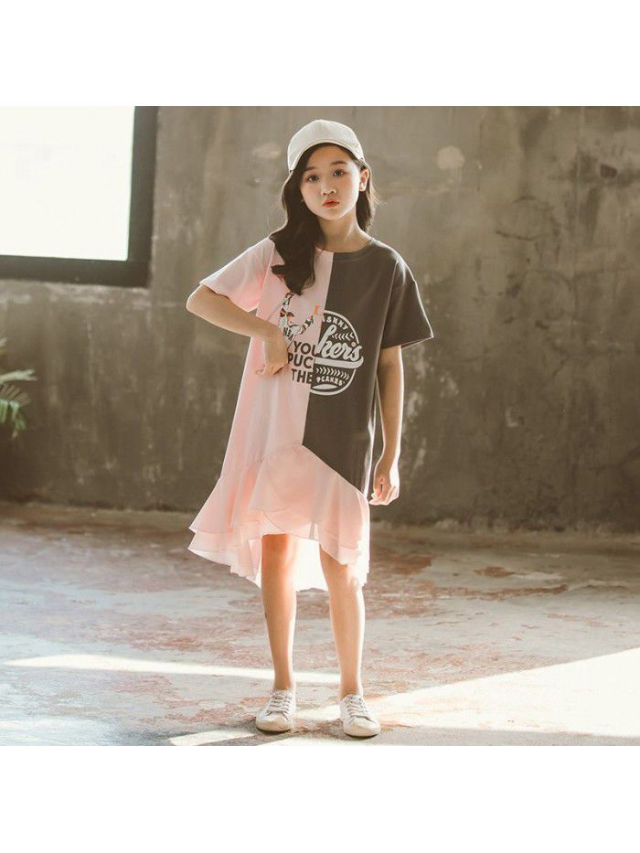 Summer Mid sized Girls' and Girls' Clothing Color Matching Letter T-shirt Short Sleeve Dress Children's Dress Parent-child Dress 