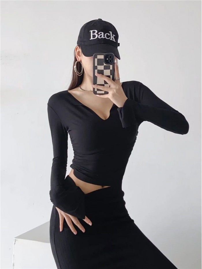 Pure desire V-neck flanging flared sleeve T-shirt for female minority Spicy girls pleated slim high waist short solid color bottom top 