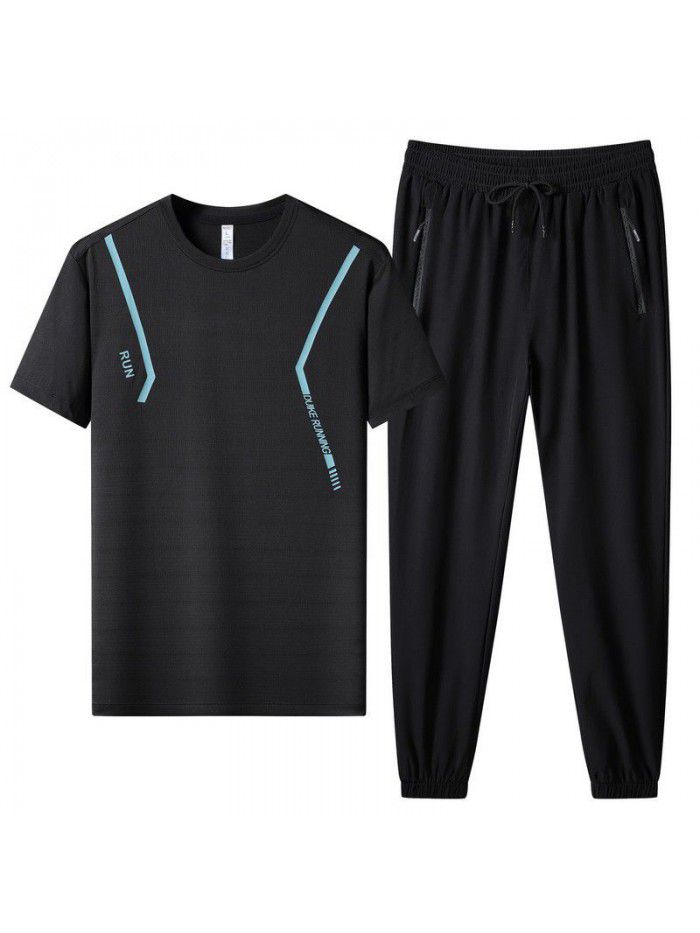 New High Quality Men's Ice Silk T-shirt Round Neck Short Sleeve Set Outdoor Sports Casual Pants Summer Two Piece Set 