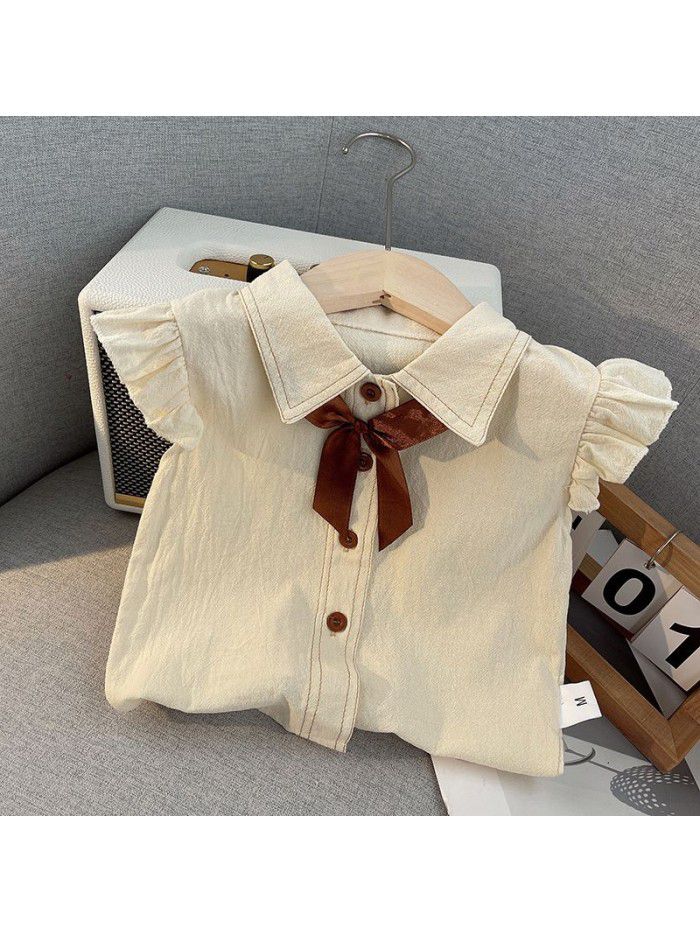 Girls' Set Summer New Short Sleeve Children's Wear Bow Top Fashionable Shirt Children's Princess Shorts 