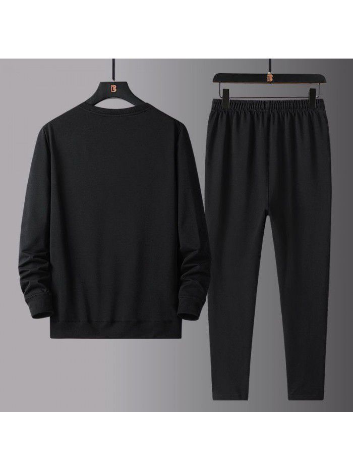 Spring and Autumn Sports and Leisure Set for Men, Middle aged and Elderly Dad's Long sleeved Pants Sweater Large Men's Two Piece Set 