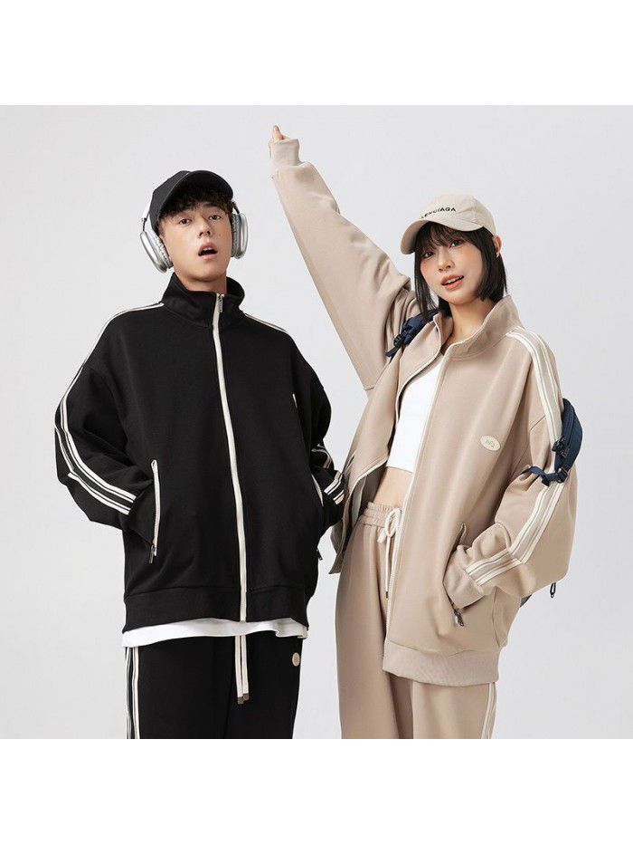 Retro American Street Style Casual Sports Set Men's Cardigan Mock Neck Jacket Guard Pants Autumn Couple Two Piece Set 
