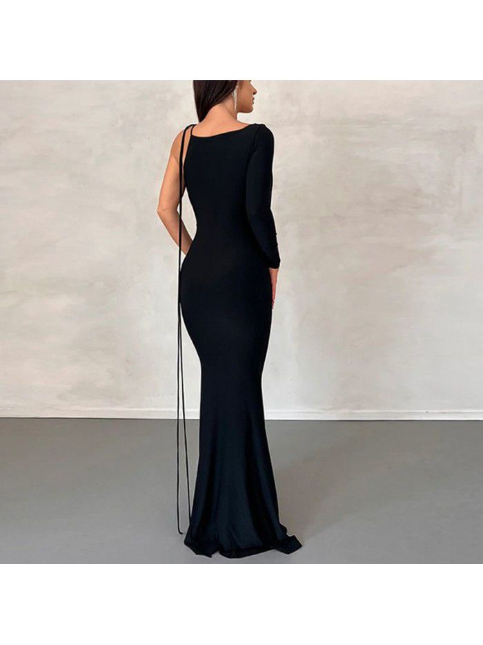Excellent temperament, one shoulder, slim fit, fishtail skirt, open back, sexy dress, irregular long skirt 