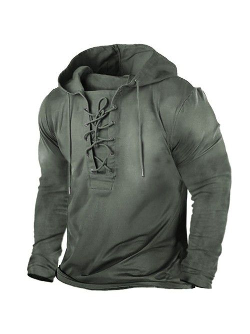 Men's Outdoor Vintage Lace Up Hooded Long Sleeve T...
