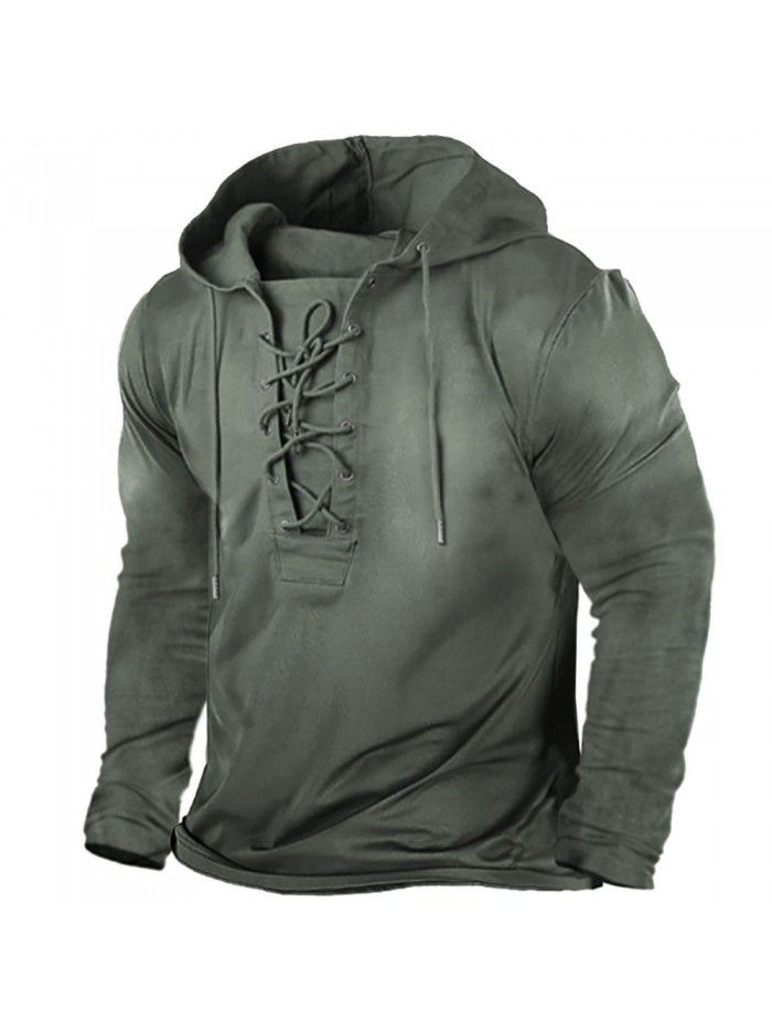 Men's Outdoor Vintage Lace Up Hooded Long Sleeve T-shirt Autumn Solid Casual Top 