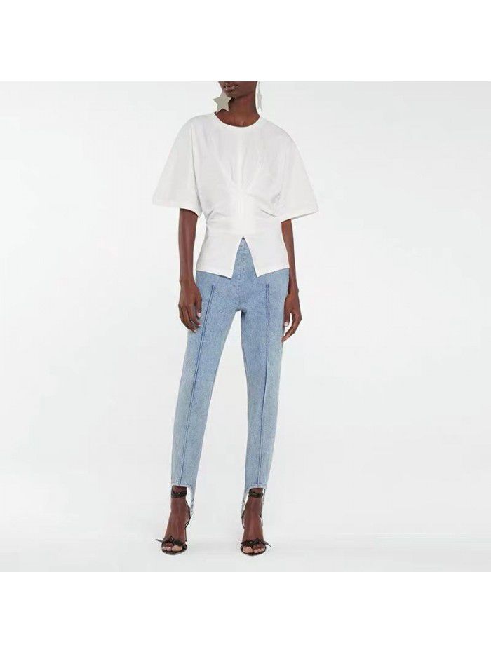 Pleated design feeling T minimalist style waist design appears slim and personalized solid color T-shirt for women 