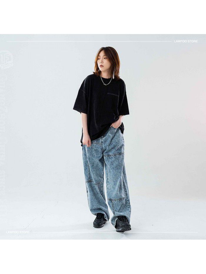 Text Printing Small Neckline Drop Shoulder Loose Fit Couple T-shirt Trend 