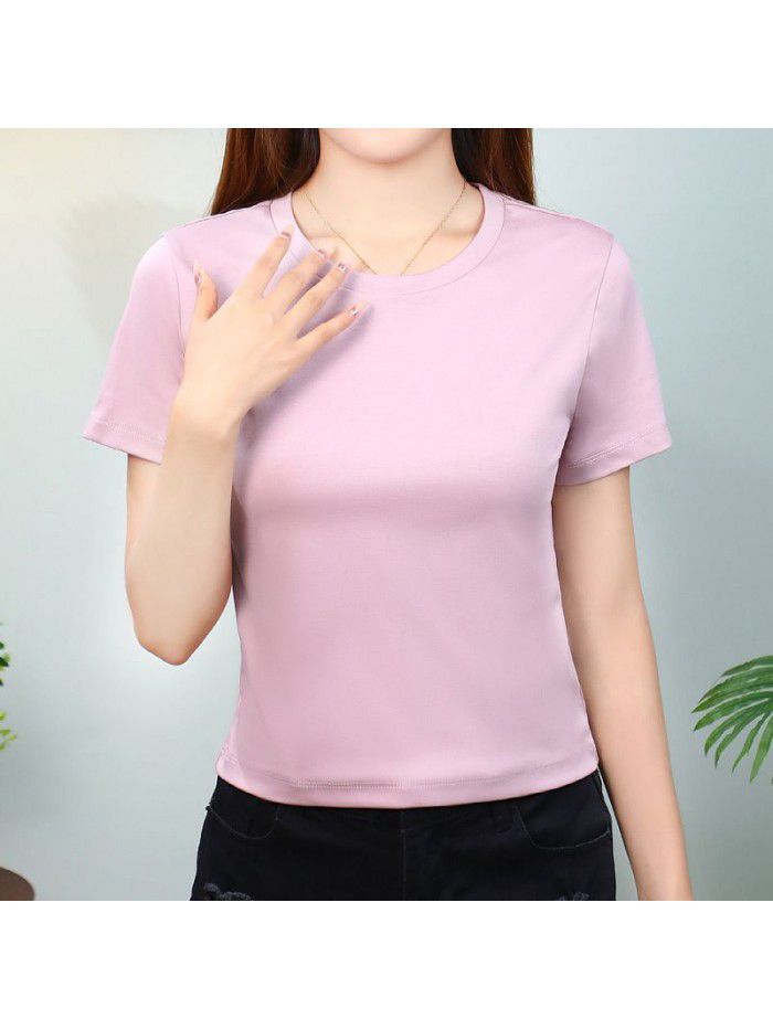 T-shirt Women's Short Cotton High Waist Summer Loose Simple Round Neck Korean Versatile Solid Color T-shirt 