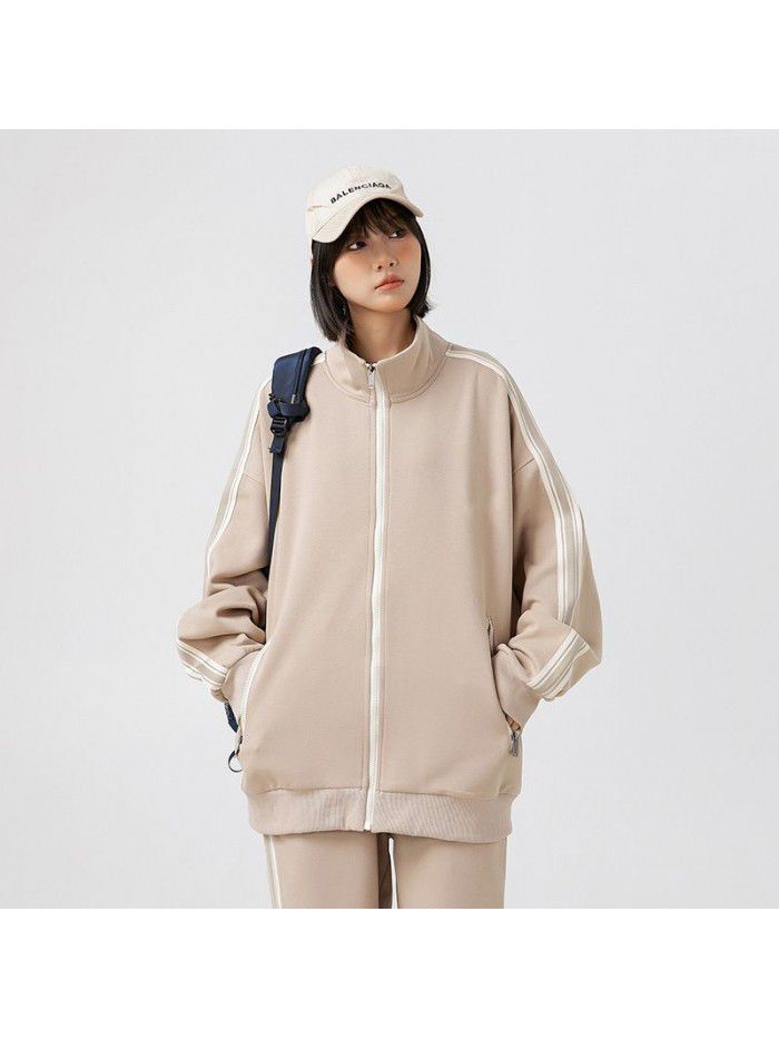 Retro American Street Style Casual Sports Set Men's Cardigan Mock Neck Jacket Guard Pants Autumn Couple Two Piece Set 