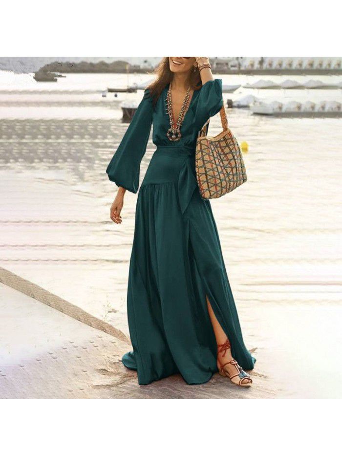 New Women's Bohemian Style Flare Sleeves Split Swing Dress 