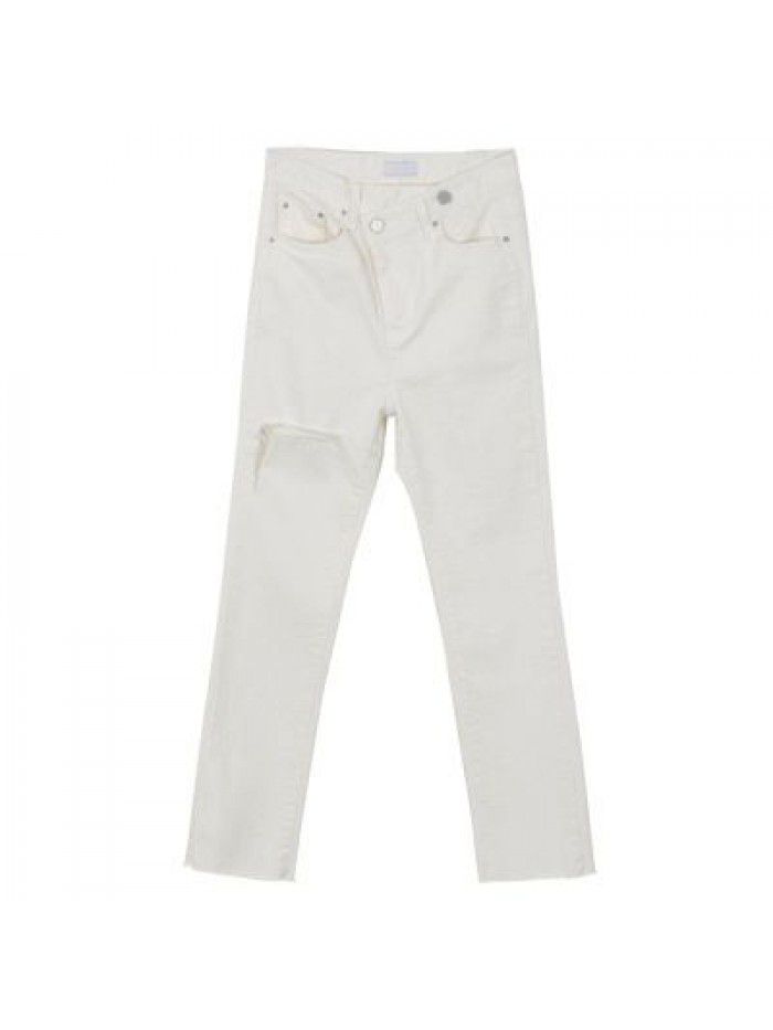 Korean High Waist White Jeans Women's Autumn/Winter Slim Fit and Slim French Split Straight Crop Pants with Broken Burr Edges 