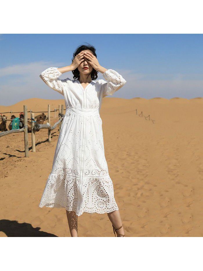 Autumn casual women's long dress pure cotton long sleeved V-neck A-line dress temperament beach 