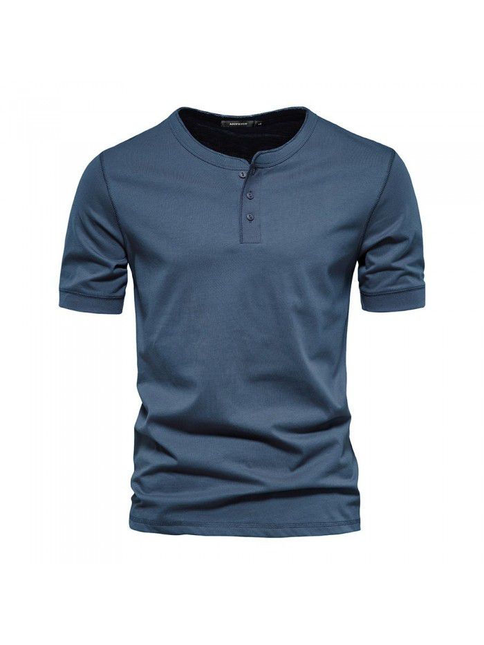 Clothes Men's T Henry Round Neck Short Sleeve T-shirt Heavyweight Men's Slim Fit Solid Color Sports Bottom Shirt 