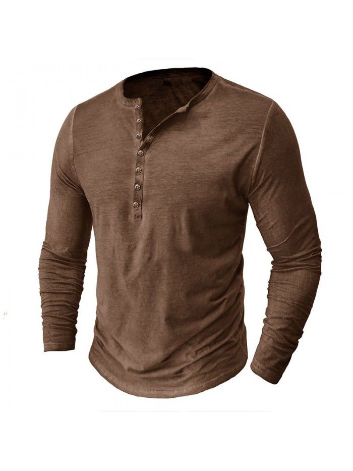Men's imitation old Henry shirt retro long sleeved T-shirt cross-border men's button washed old V-neck T-shirt top 