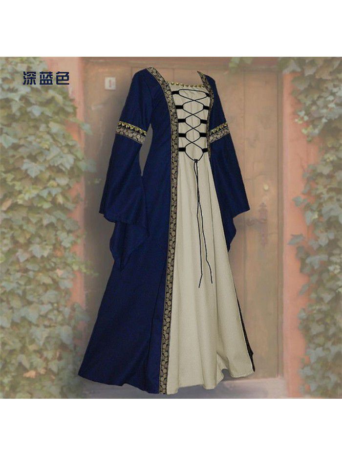 Square neck long sleeved flared sleeve lace up long style dress Gothic retro women's clothing 