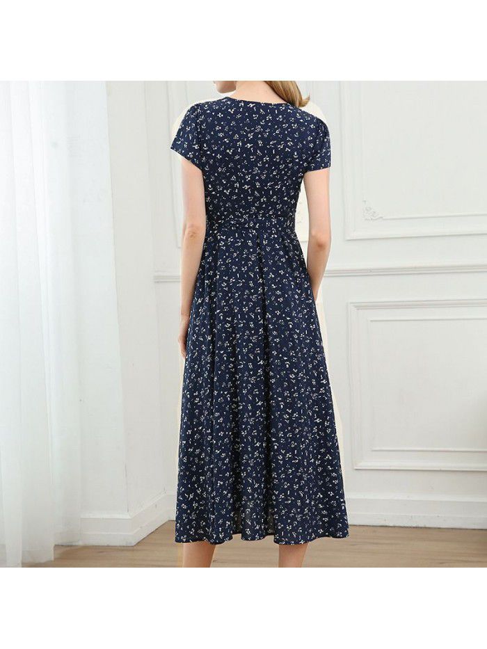 PGDVF French Vintage Dress Women's Summer New Fragmented Flower Large Hem Elegant Waist Slim V-neck Tea Break Dress