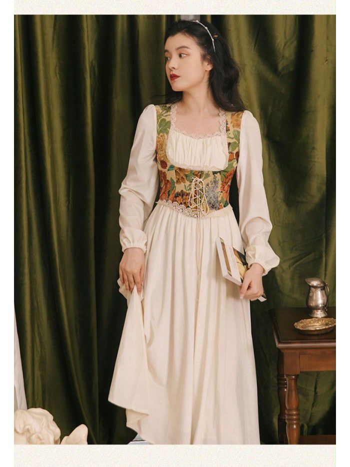 New Real Time Retro Oil Painting Embroidery Spliced Lace up Velvet Dress 