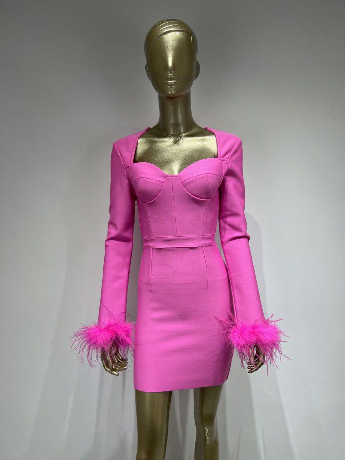 Autumn and Winter New Long Sleeve Feather Cuff Bandage Dress European and American Fashion Elegant Dress Party Dress Dress 