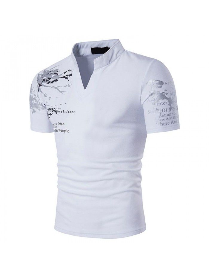 New men's European and American style printed Henry standing neck short sleeve large T-shirt 