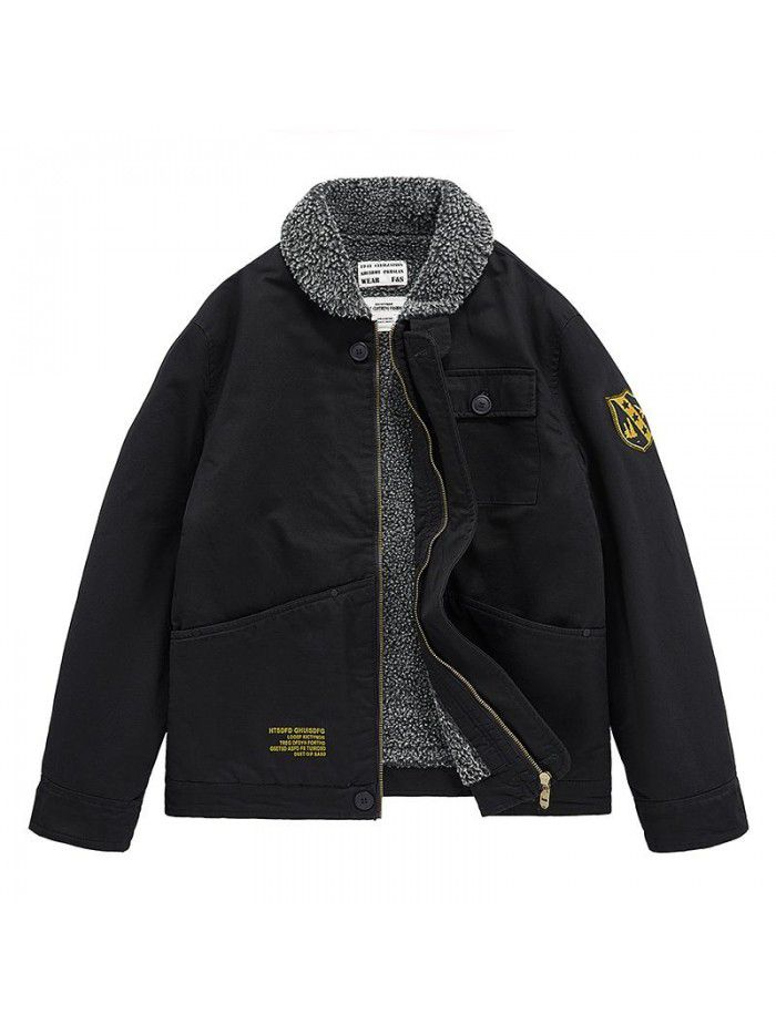 Winter lamb cashmere jacket, men's thickened cotton jacket, multi pocket deck suit, plush jacket