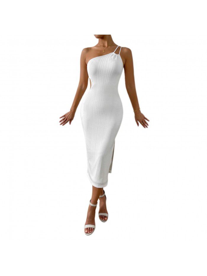 Unilateral shoulder strap slimming suspender dress with exposed backpack buttocks sexy bottom skirt slimming 