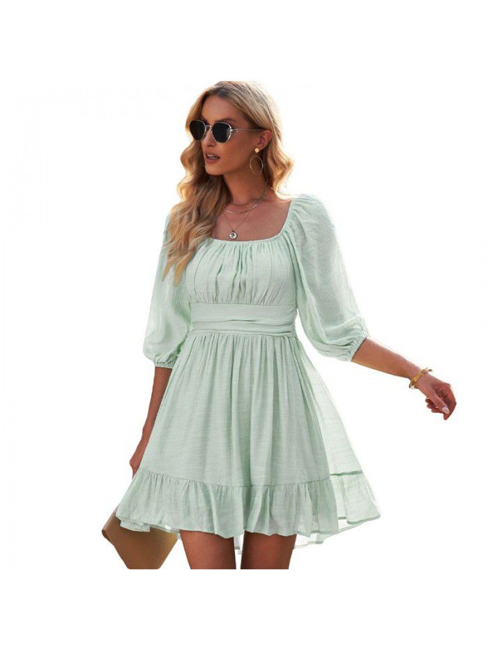 Dress Women's New Summer Off Shoulder Solid Color Lacing Ruffle Sleeves Casual Dress Women