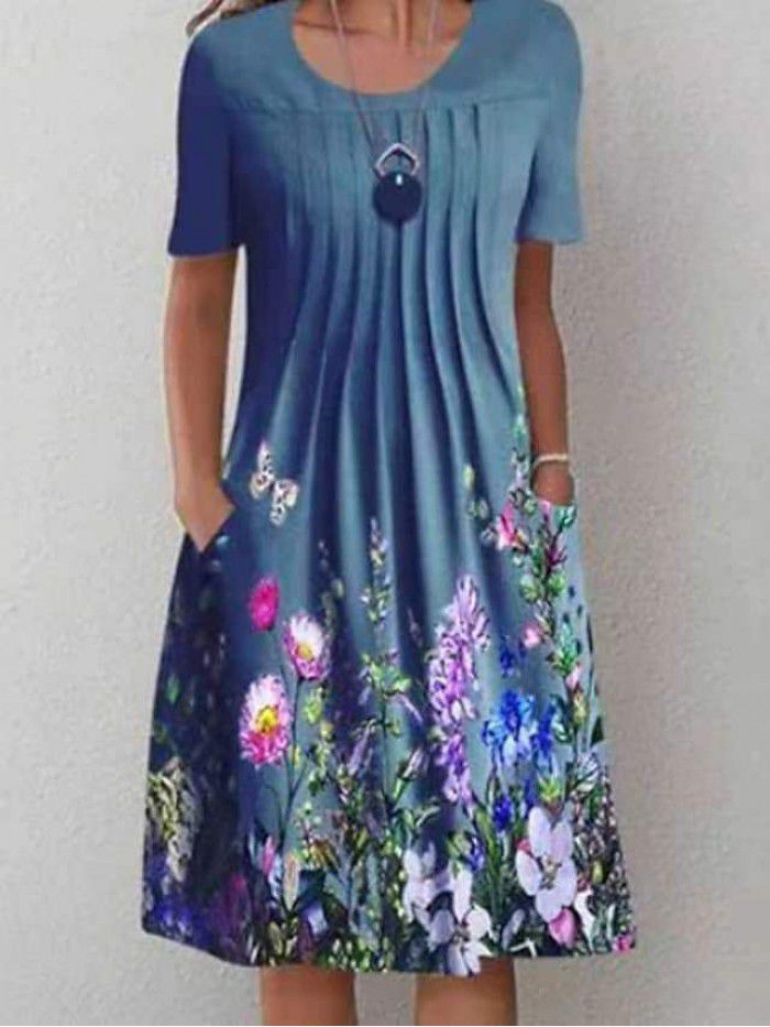 Summer New Women's Foreign Trade Round Neck Long Dress Flower Print Dress Women 