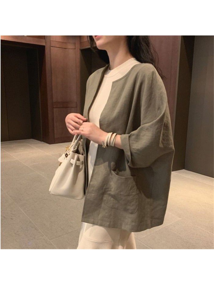 Loose ice silk cotton and hemp top Spring and summer new vintage large color contrast simple cotton and hemp T-shirt female 