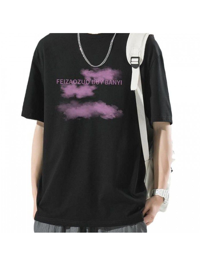 New pure cotton short sleeved T-shirt for men's creative trendy brand loose fitting men's half sleeved round neck T-shirt for men's clothing 