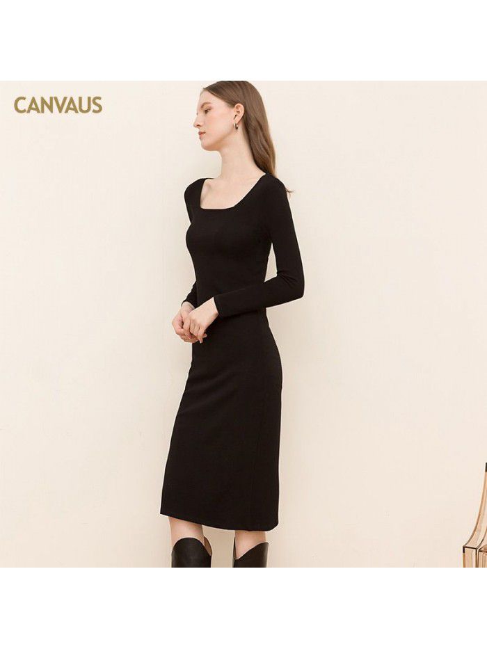 Square neck cotton medium length dress for women, solid color, long sleeved, slim fitting, split waist, pencil skirt for women 