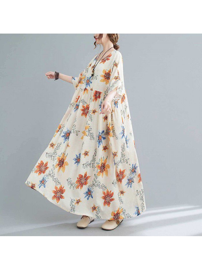 Women's Summer Dress Loose Short Sleeve Slim Printing Skirt 
