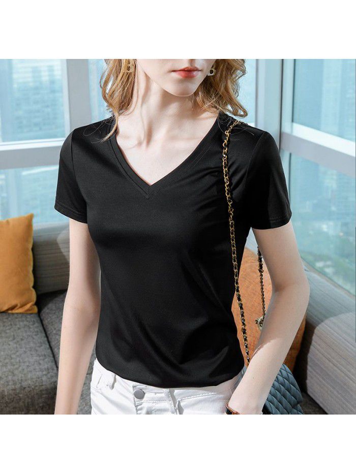 Ice feeling mercerized cotton short-sleeved t-shirt women's new style women's temperament v-neck pure cotton t-shirt pure color high-grade top 