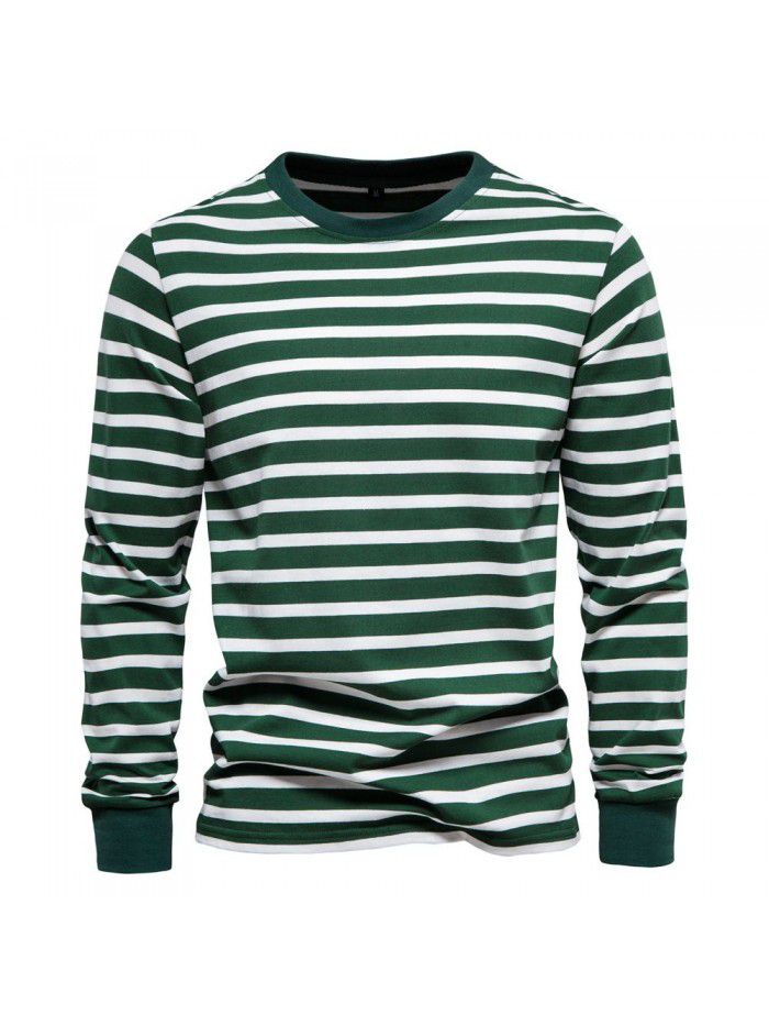 Spring New Casual Long Sleeve T-shirt Men's 100% Cotton Striped Top Round Neck Men's Pure Cotton Underlay Shirt 