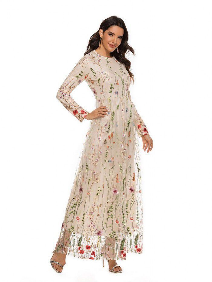 Fashion Embroidery Dress Sweet Flower Lace Long Dress  Fashion Embroidery Dress Sweet Flower Lace Long Dress