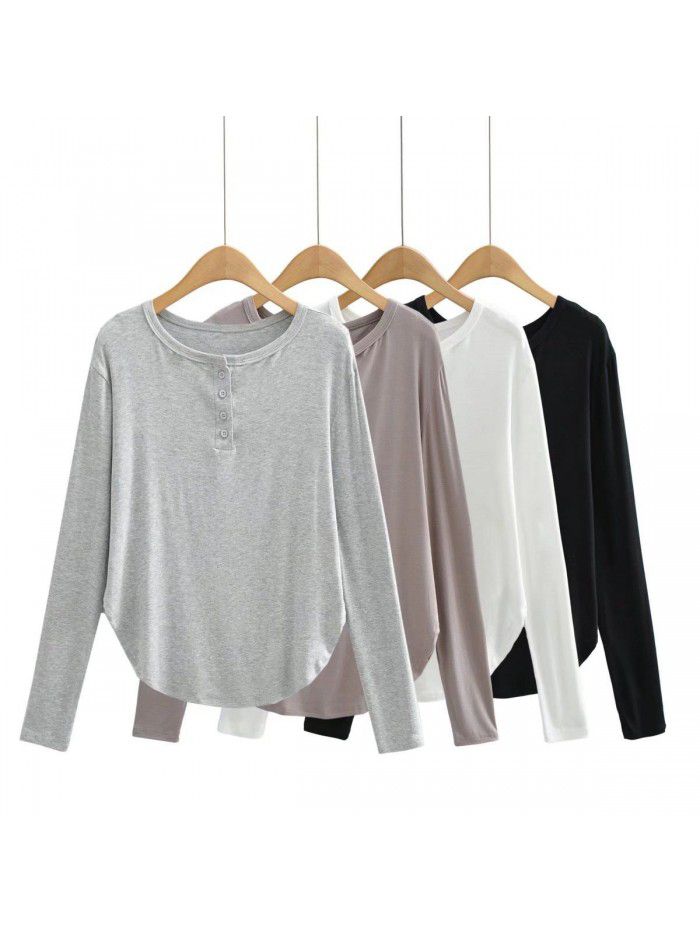 Spring and Summer New Women's Curved Bottom Access Control Three Button Round Neck Long Sleeve Loose Casual Long T-shirt Top 