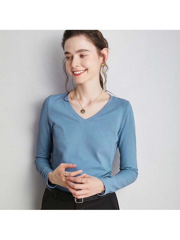 Women's Long sleeved T-shirt Women's Summer New Underlay V-neck T-shirt Loose Solid Color Simple 