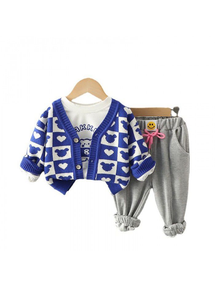 Children's autumn style girls' knitted cardigan jacket printed long sleeved T-shirt casual pants three piece set trend 