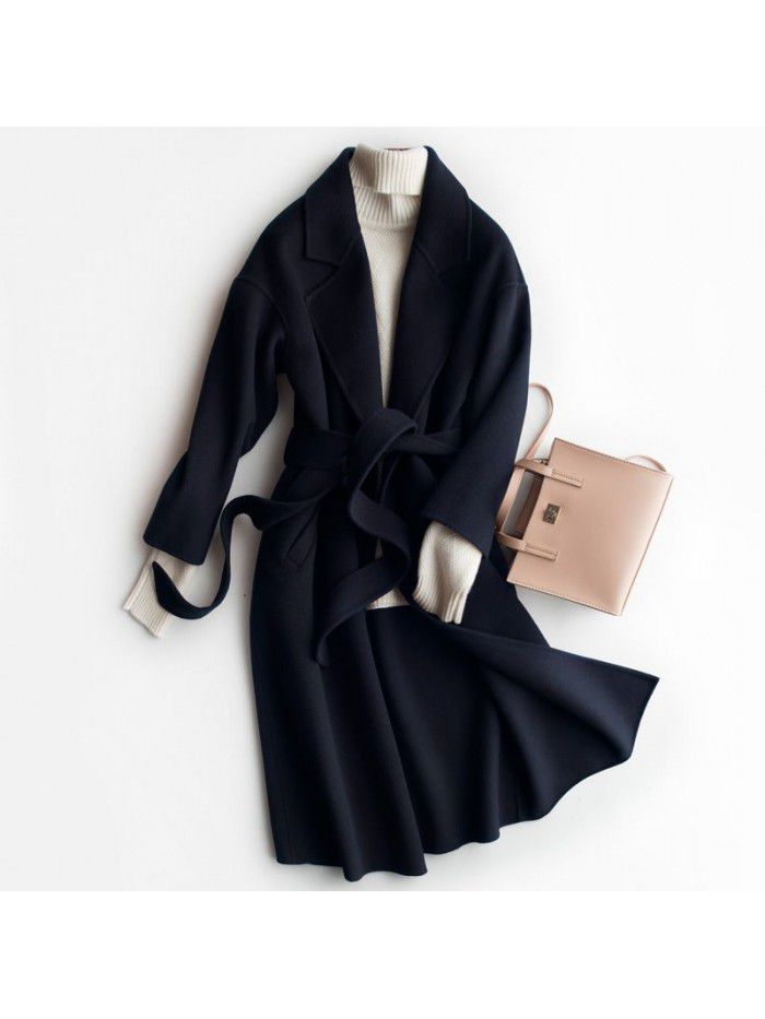 Solid color medium length double-sided wool coat, women's lace up lapel wool coat