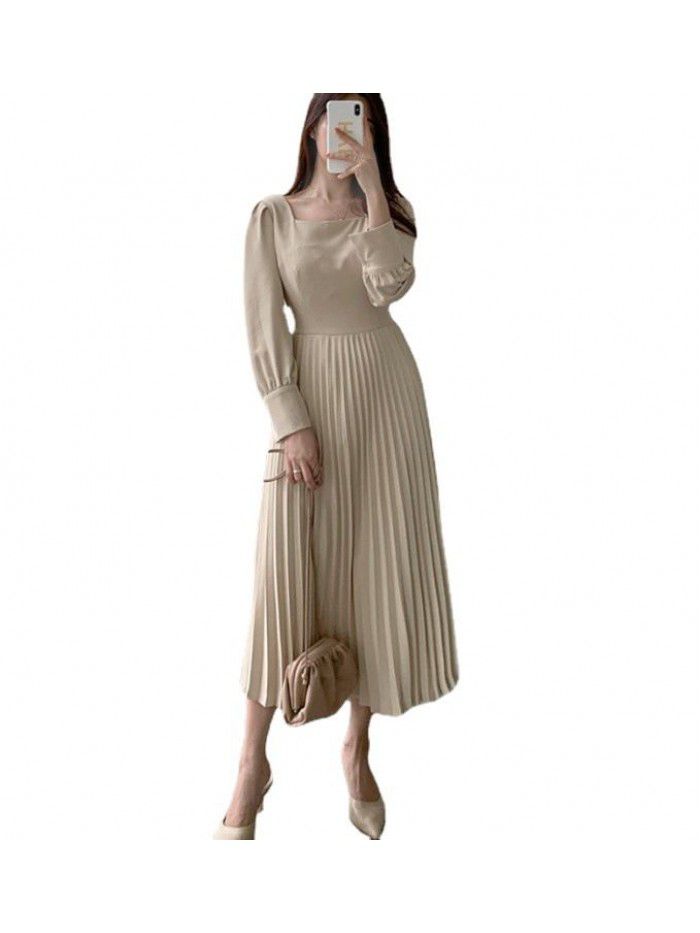 Spring and Autumn Korean Version New Style Temperament Ladies Waist Waist Slim Square Neck Pullover 100 Pleated Long Dress 