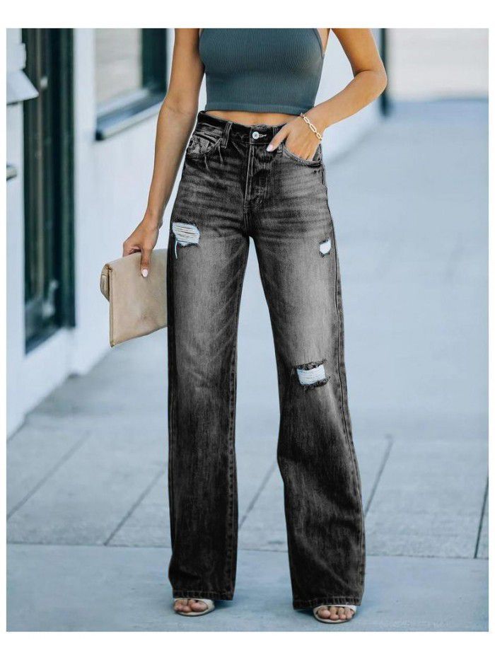 Autumn and winter new street trendsetter straight leg pants with torn jeans for women 