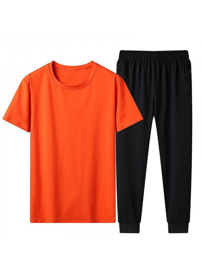 Summer ice porcelain cotton plain casual suit men's short-sleeved t-shirt loose large leggings 