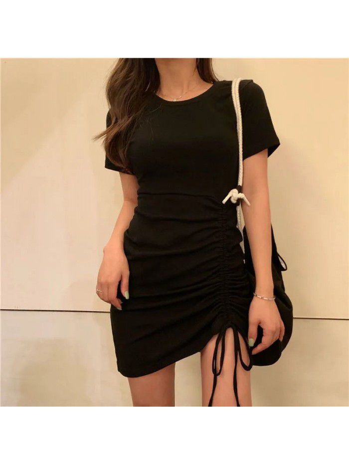 New Short Sleeve Temperament Girlfriend Dress Women's Summer Sexy Strap Drawstring Slim Wrap Hip Skirt 