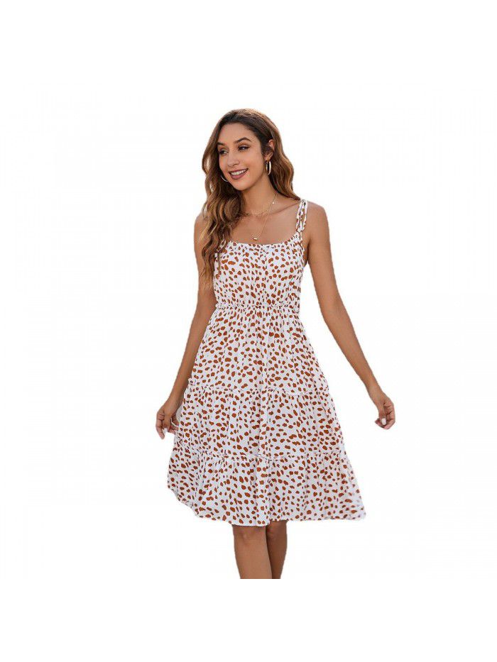 Strap printed dress with leopard print polka dot skirt for children 