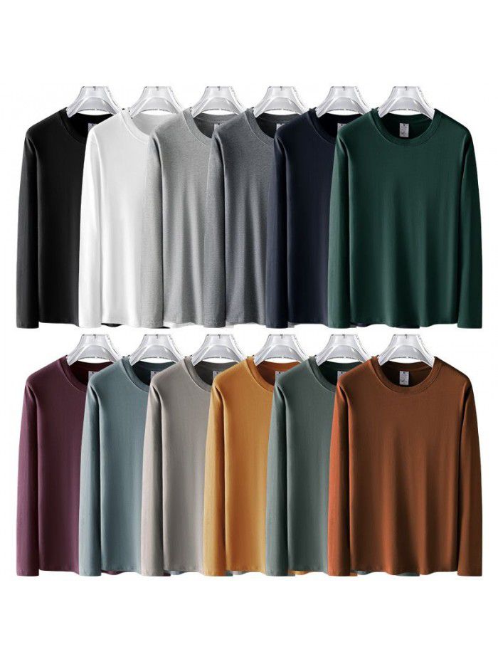 Long sleeved T-shirt for men in spring and autumn, round neck loose fitting pure white bottom shirt for men's upper garment 